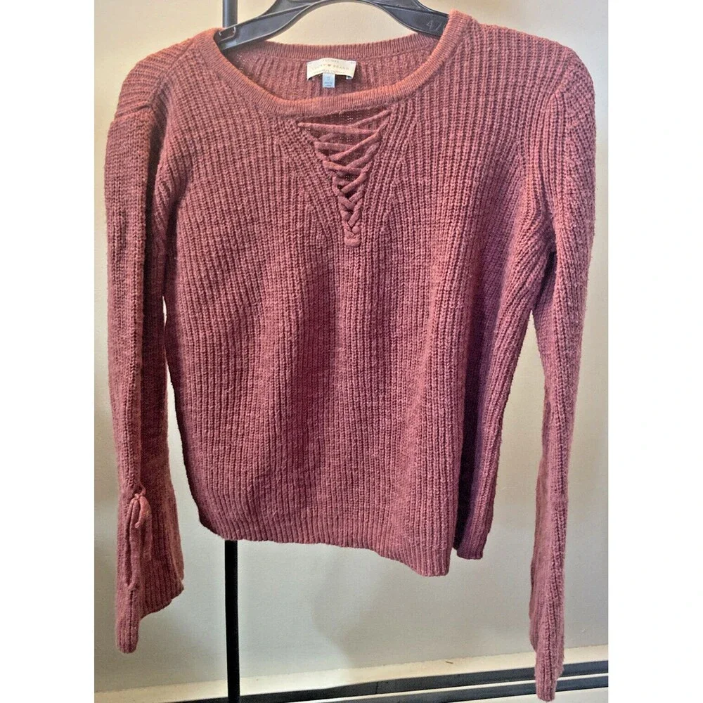 Lucky Brand Dark Pink Crop Sweater Shoe Lace Round Neck Size Small